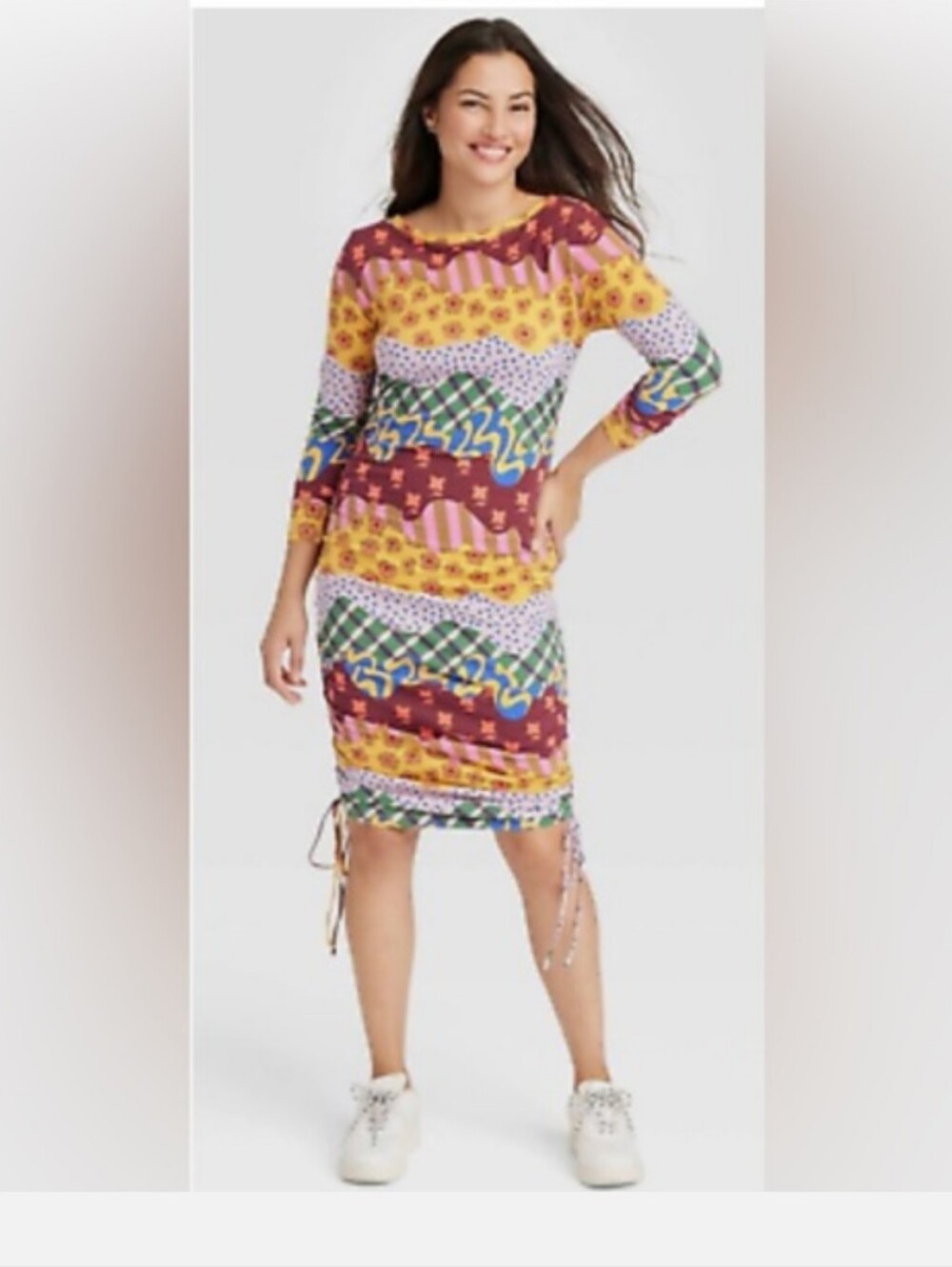 Target Patterned Bodycon Midi Dress With Side Cord Ruching